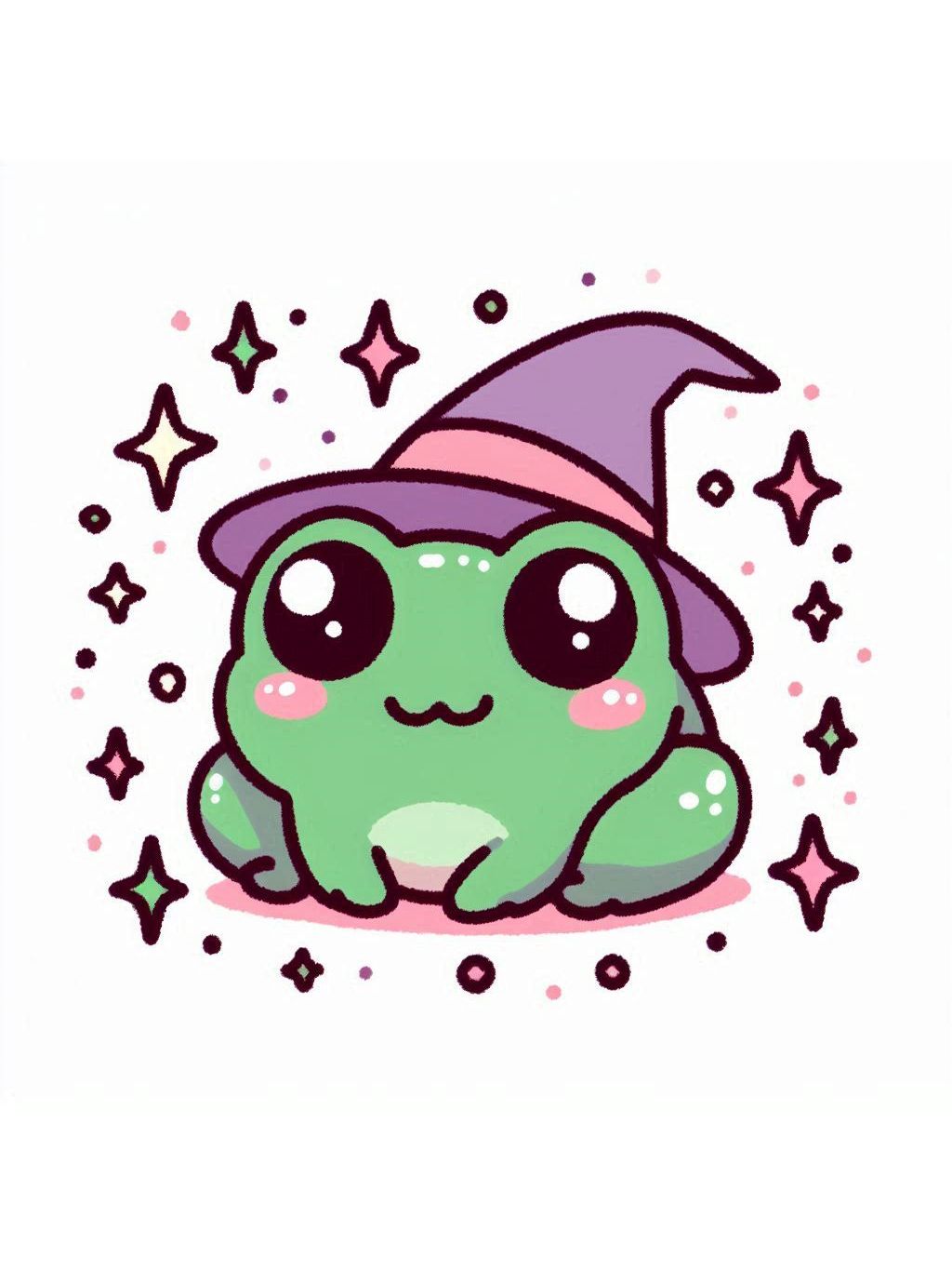 halloween frog drawing ideas: a cute frog wearing a whimsical witch hat surrounded by stars and dots.